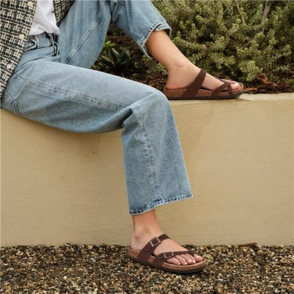 Suede Cork Footbed Sandals Women Adjustable Buckle Summer Comfort Slides - Picture 6 of 8